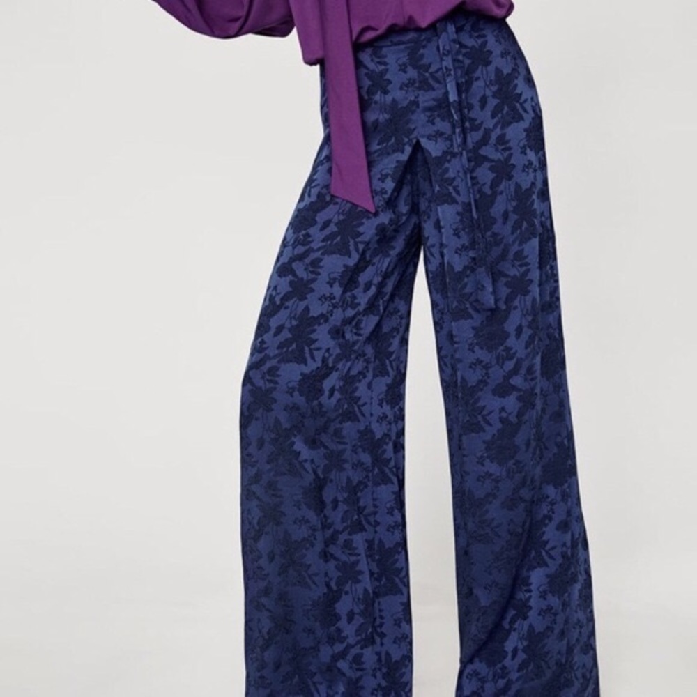 ZARA Women's Blue Floral Jacquard Wide Leg Pants